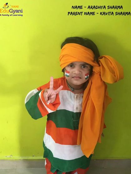 A proud participant in our tricolor-themed fancy dress competition, Aradhya Sharma, showcasing her patriotic spirit.