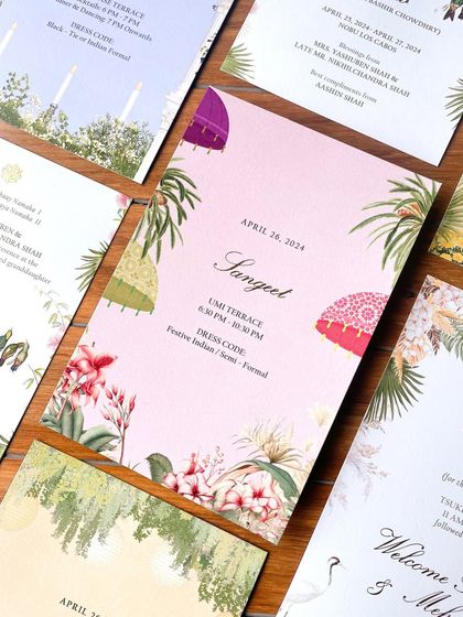 A collection of pastel-toned invitation leaflets for a destination wedding in Mexico. Each card features light floral graphics and festive elements like decorated umbrellas, perfectly introducing the different functions and rituals.