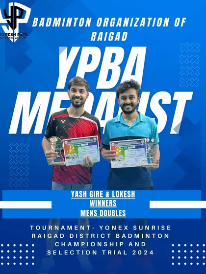 Yash Gire and Lokesh, our Men's Doubles winners at the Raigad District Badminton Championship 2024, a result of their excellent teamwork.
