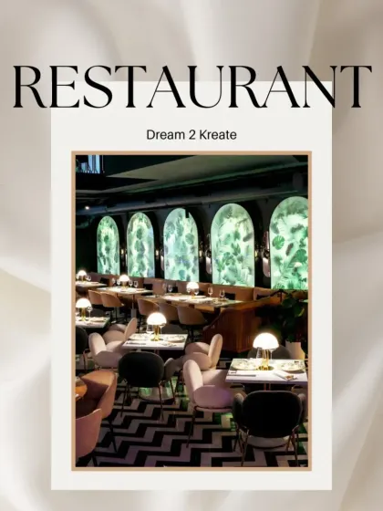 A promotional graphic summarizing the key design elements of this modern and eclectic restaurant.