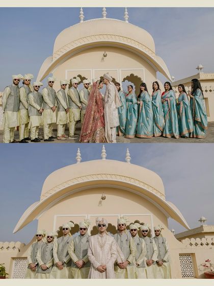 A collage showcasing the couple with their bridesmaids and groomsmen, posing against the iconic dome of the palace venue.