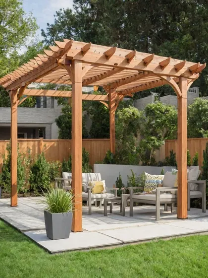 A classic wooden pergola with decorative braces, set on a stone patio in a green backyard. The design provides a perfect designated area for outdoor furniture.