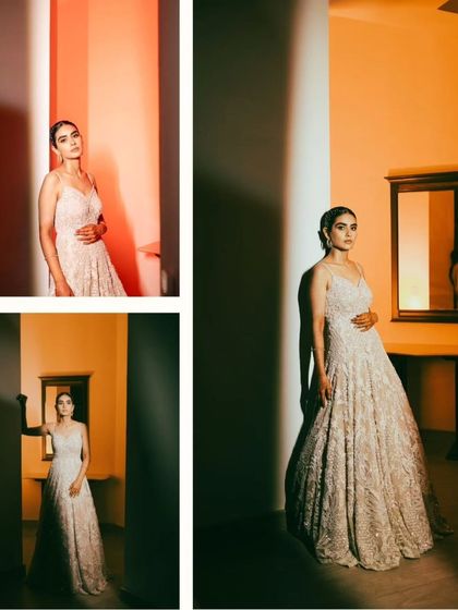 A collage of the bride in her beautiful gown, using creative lighting and angles to produce an editorial and artistic series of portraits.