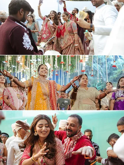 A collage of pure Baraat madness. From the bride and groom dancing with their parents to the entire family letting loose, these are the unscripted moments of joy I love to facilitate.