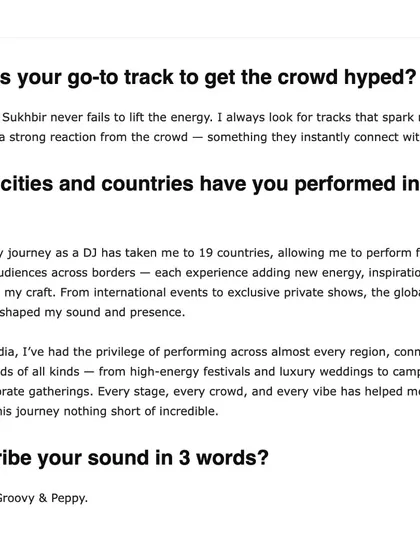 A few fun facts from my Loofre interview, including my go-to hype track and the 19 countries I've had the privilege to perform in. My sound in three words: Upbeat, Groovy, and Peppy.