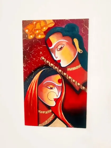 A modern, stylized painting of Radha and Krishna against a rich, textured red background. This contemporary take on divine love uses bold shapes and warm colors to create a powerful emotional impact.