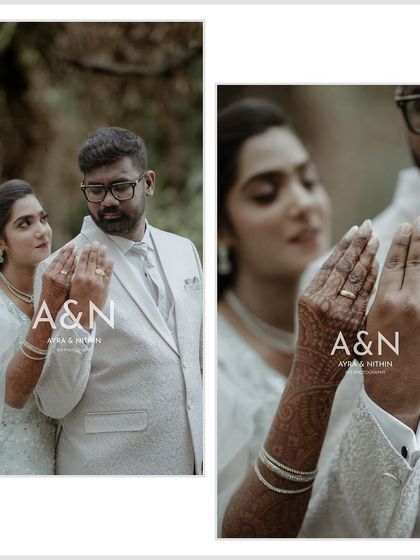 A close up and a portrait from an engagement, focusing on the couple and their new rings. The matching white outfits give these photos a clean and elegant feel.