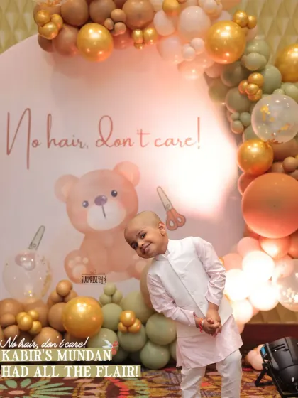 A Mundan ceremony is a big step, so we celebrated it with flair! The "No hair, Don't care!" backdrop for Kabir's mundan added a touch of fun to the tradition, and he looked absolutely adorable posing in front of his teddy-bear themed setup.