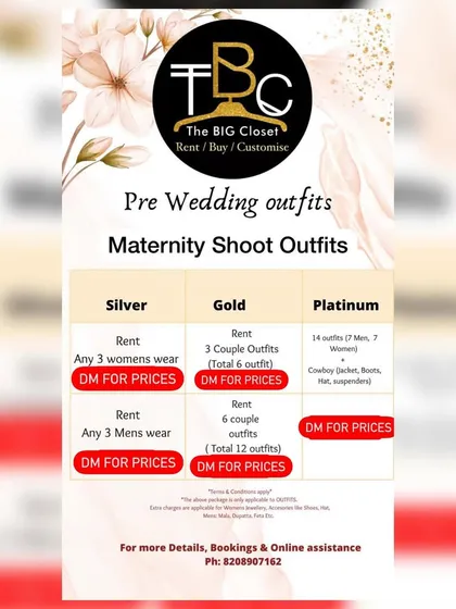 A detailed look at our rental packages for both pre-wedding and maternity shoots. Whether you need a few outfits or a full wardrobe for your shoot, we have Silver, Gold, and Platinum options to fit your needs.