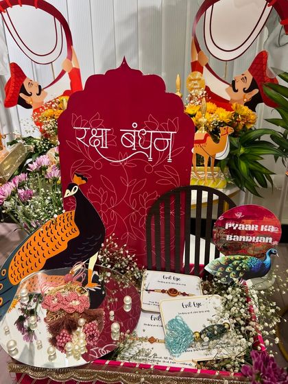 A close-up of the peacock Rakhi platter, showing the collection of beautiful rakhis on a mirrored tray.