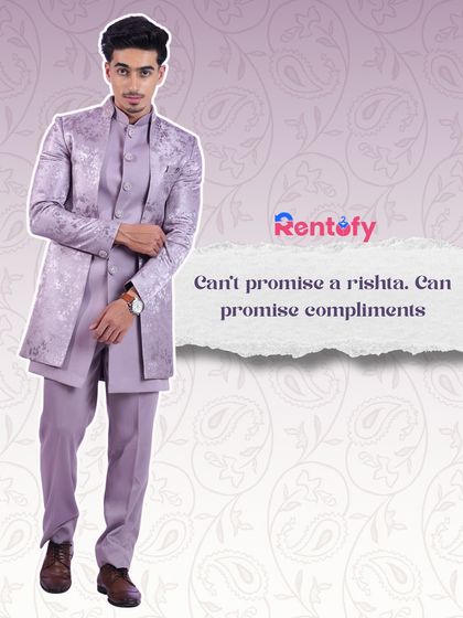 Can't promise a rishta, can promise compliments. A fun graphic featuring our lilac sherwani, perfect for the modern wedding guest.