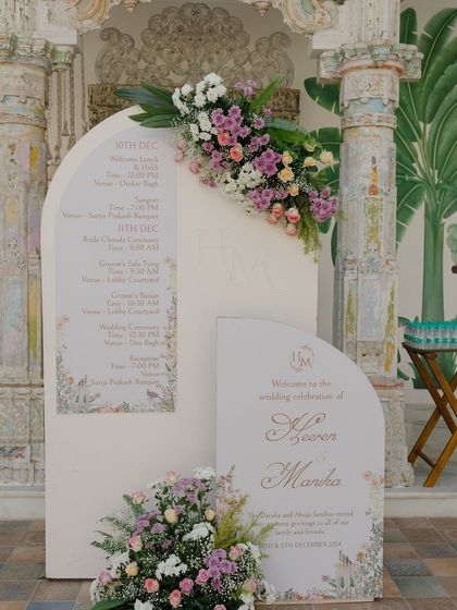 The elegant welcome signage for the wedding, featuring a floral design and a detailed itinerary. The arched shape and pastel flowers set a romantic tone from the very beginning.