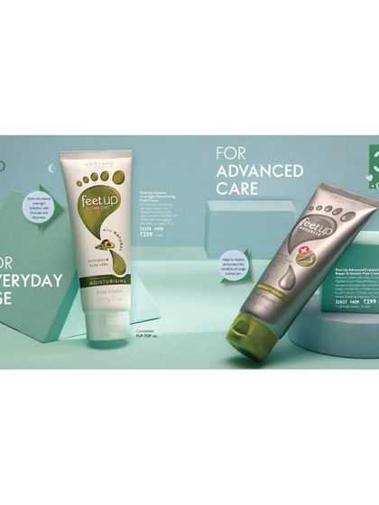 A clean, minimalist composition for the 'Feet Up' foot care range. The pastel green blocks and simple layout clearly distinguish between the everyday and advanced care products.