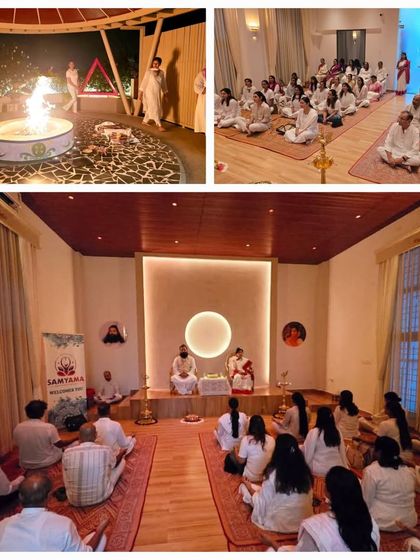 A collage showing the meditation hall and fire pit at our Bangalore centre. It highlights the versatile and beautiful spaces we have created for our spiritual community.