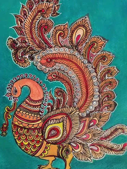 This piece is my interpretation of Kalamkari, a traditional Indian art of hand-painting on textiles. I created this intricate peacock design, focusing on the detailed feather patterns and warm, earthy tones that are characteristic of this beautiful art form.