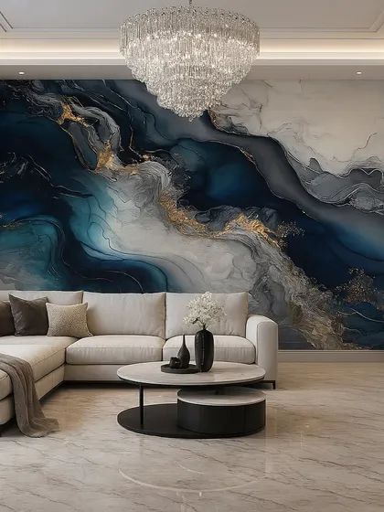 This living room showcases a stunning abstract wallpaper that mimics a blue and gold liquid marble pour. The design is vibrant, luxurious, and full of movement.