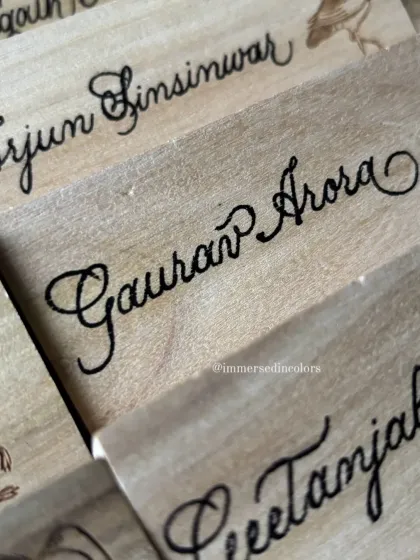 The beauty of hand-lettering is that every name has its own unique flow and character. This close-up shows the detail in the script for these custom nameplates.