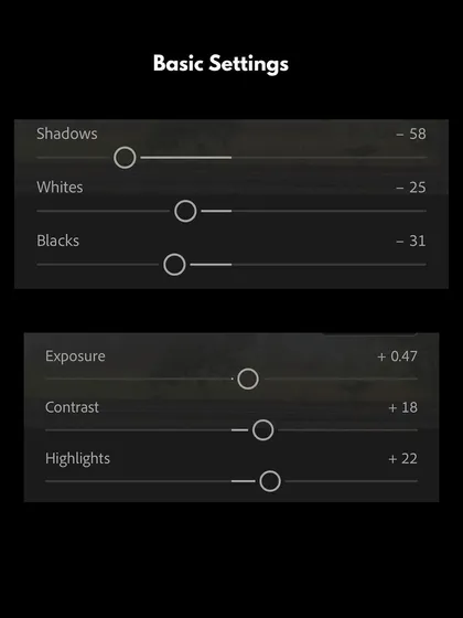 A look at the Basic Settings panel in Lightroom. We'll start here, learning how to properly fix exposure, recover details from shadows and highlights, and set a solid foundation before moving on to more creative edits.