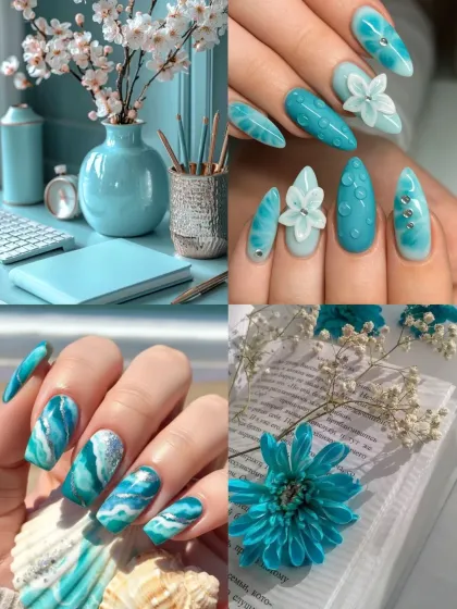 Shades of the monsoon. This moodboard captures the season with stormy teals, raindrop blues, and 3D floral accents for a moody and beautiful manicure.