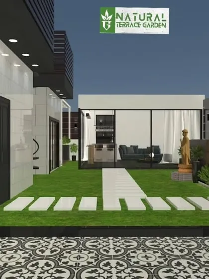 This render for a Punjabi Bagh project shows a modern layout with a water feature, a glass room, and a patterned tile patio.