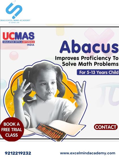 Our UCMAS abacus program improves proficiency in solving math problems for children aged 5-13. The visual shows a child using finger techniques to visualize numbers.