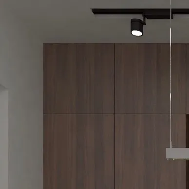 Another angle of the dark kitchen concept, emphasizing the seamless integration of the cabinetry. The design plays with light and shadow to create a moody yet functional culinary space.