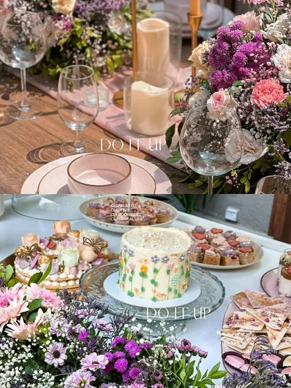 A close-up of the delicious details at a bridal shower. The table is laden with beautifully crafted cakes and desserts, nestled amongst arrangements of purple and pink flowers.