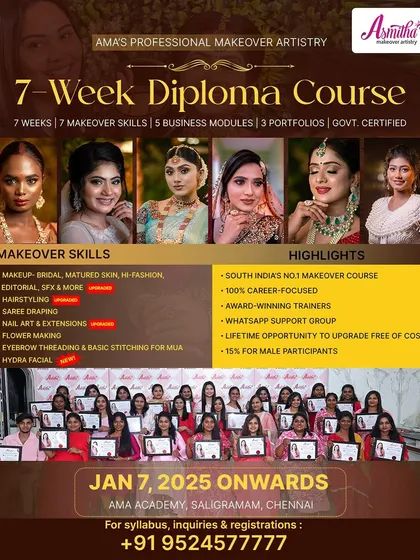 Our 7-week Government-certified Diploma is your complete path to becoming a professional makeup artist. It covers 7 makeover skills and 5 business modules to ensure you are career-ready.
