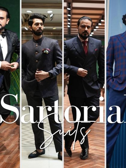 A collage of sartorial suits, displaying the range of styles I create. From a polka-dot tuxedo to a double-breasted power suit and a plaid jacket, each piece is tailored to perfection.