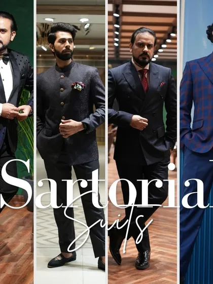 A collage showcasing the range of my sartorial suits, from classic tuxedos and double-breasted suits to modern bandhgalas and checked jackets.