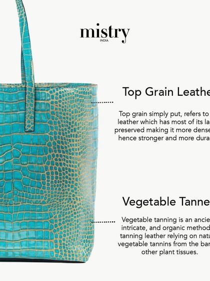 An educational graphic explaining the quality of our leather. We use Top Grain, Vegetable Tanned leather to ensure our bags, like this Basic Tote in Marine Blue, are strong and durable.