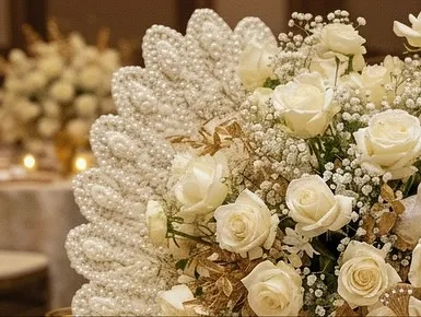 A close-up of the pearl-encrusted peacock tail centerpiece, showcasing the meticulous handiwork and the luxurious texture created by combining pearls, baby's breath, and white roses.