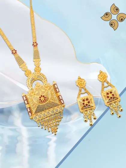 From daily wear to bridal grandeur, this long gold necklace set meets every market need. The floral and geometric patterns with red enamel accents make it a versatile and attractive stock item.