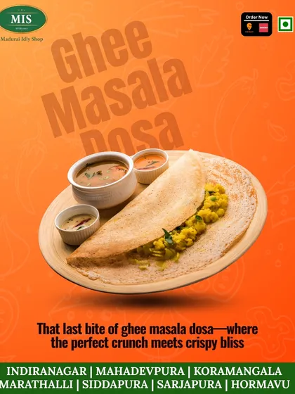 Our Ghee Masala Dosa is a true classic. We make it perfectly crisp, generously filled with spiced potato masala, and served with our fresh, homemade chutneys and sambar.