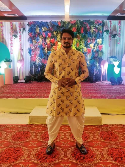 My look for a Haldi and Sangeet function in Silvassa. A traditional dhoti-kurta set is perfect for embracing the cultural festivities.