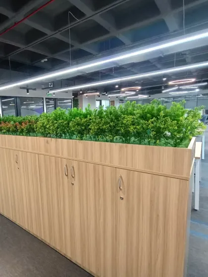 For this office project, I installed built-in planters on top of storage cabinets. This brings the benefits of nature into the workplace without sacrificing utility.