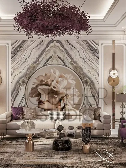 We love blending classic elegance with modern flair. This neoclassical living area features a stunning book-matched marble backdrop and a dramatic purple chandelier, showing how we use bold pops of color and timeless details to create a space with soul and personality.
