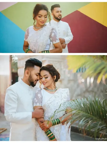 A collage showcasing a couple in matching white outfits against colorful backdrops. The contrast between their serene attire and the vibrant walls creates a modern and artistic set of portraits.