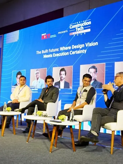 A wider view of the panel discussion at India Construction Tech Demo Day. We explored how technology and sustainable philosophies will shape the next decade of architecture.