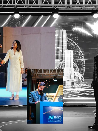 A creative collage from the NIFCO event, highlighting my interactions with guests and my presence on stage.