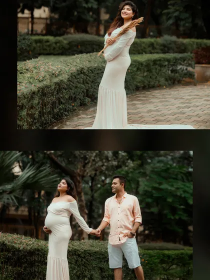 A diptych showing a solo portrait of the expectant mother and a walking shot with her partner, showcasing the beauty of the maternity gown.