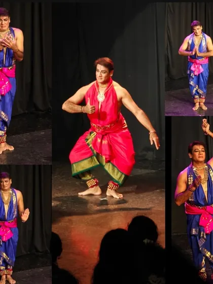 A collage showcasing the powerful 'abhinaya' and graceful postures of a master Bharatanatyam dancer during his performance at Vyoma.
