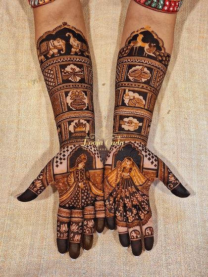 A unique bridal design featuring bride and groom figures on the palms, with various symbolic elements like a crown, a pot, and animals on the forearms.