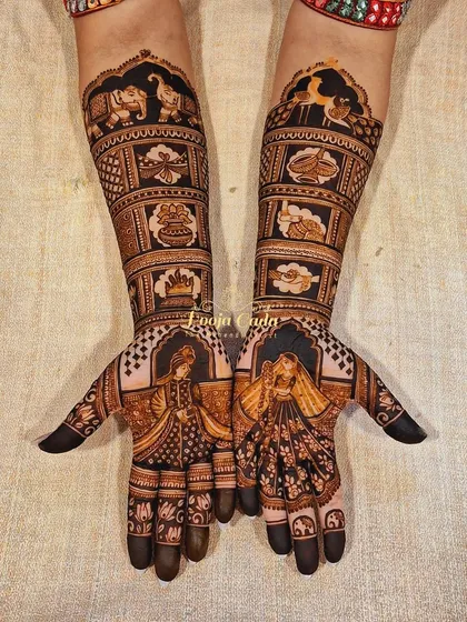 A unique bridal design featuring bride and groom figures on the palms, with various symbolic elements like a crown, a pot, and animals on the forearms.