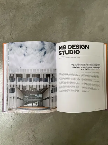 The introductory page for M9 Design Studio in "Architectures of Transition." The book discusses my studio's focus on creating spaces that embrace diversity and the human experience.