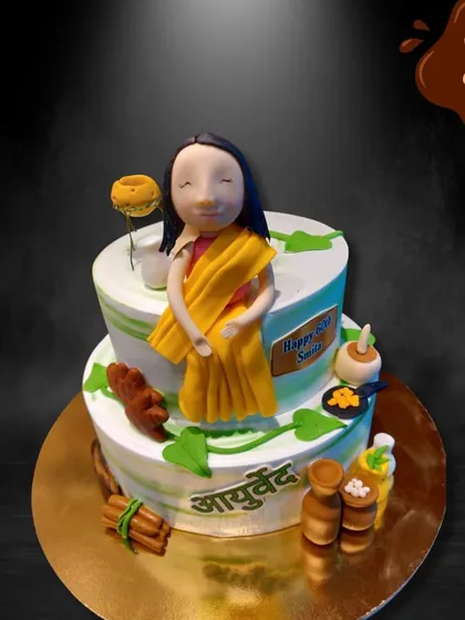 This was a truly unique cake for a 60th birthday, designed around an Ayurveda theme. I included fondant elements representing Ayurvedic herbs and practices, creating a thoughtful and personalized cake for someone passionate about wellness.