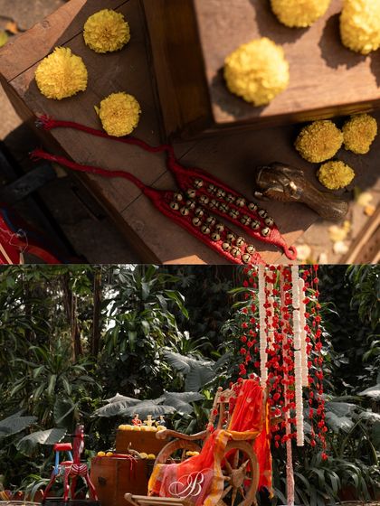 More views of the photo corner, highlighting the traditional red ghungroo anklets and the overall setup against the lush green backdrop. It became a favorite spot for guests to take pictures.