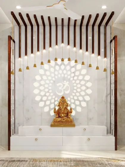 We design sacred spaces that are both modern and deeply personal. This bespoke mandir design features intricate backlighting, elegant storage, and a serene ambiance, creating a peaceful corner for prayer and reflection within a contemporary home.