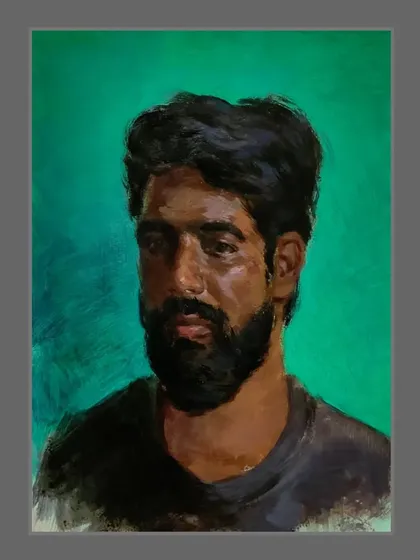 The full-colour version of the portrait of my friend Sunil, showing the contrast between the cool green background and warm skin tones.