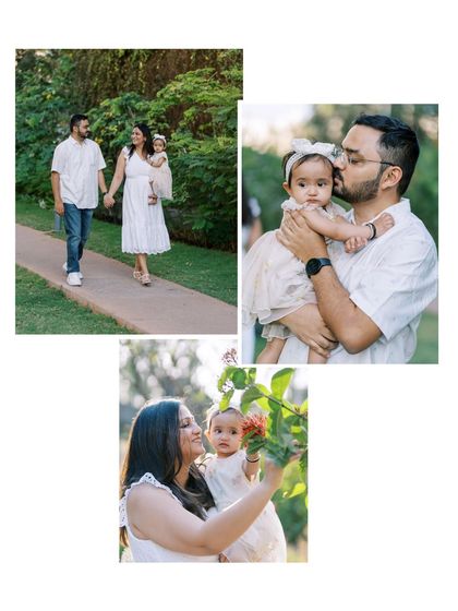 A collage showing different moments from the same outdoor session, highlighting the beautiful greenery and the family's connection.